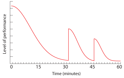a graph showing a sharp decline in attention span beginning ten to fifteen minutes after the start of lecture, with upticks at thirty minutes and forty five minutes to coincide with the intervention of an activity