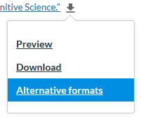 a file URL with a drop down arrow. The drop down menu contains Preview, Download, and Alternative formats, with alternative formats highlighted
