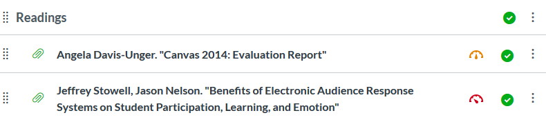 A screencap of a Canvas module, with the heading of Readings, and two files. To the far right of each file is a colored accessibility gauge, one orange, one red. 
