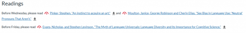 A screencap of a Canvas page, showing a header for Readings and a series of files, with red gauges from the accessibility checker before each file URL and a down arrow after the file URL. 