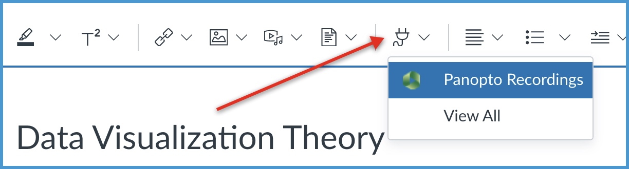 Red arrow pointing to Panopto Icon in Canvas editor