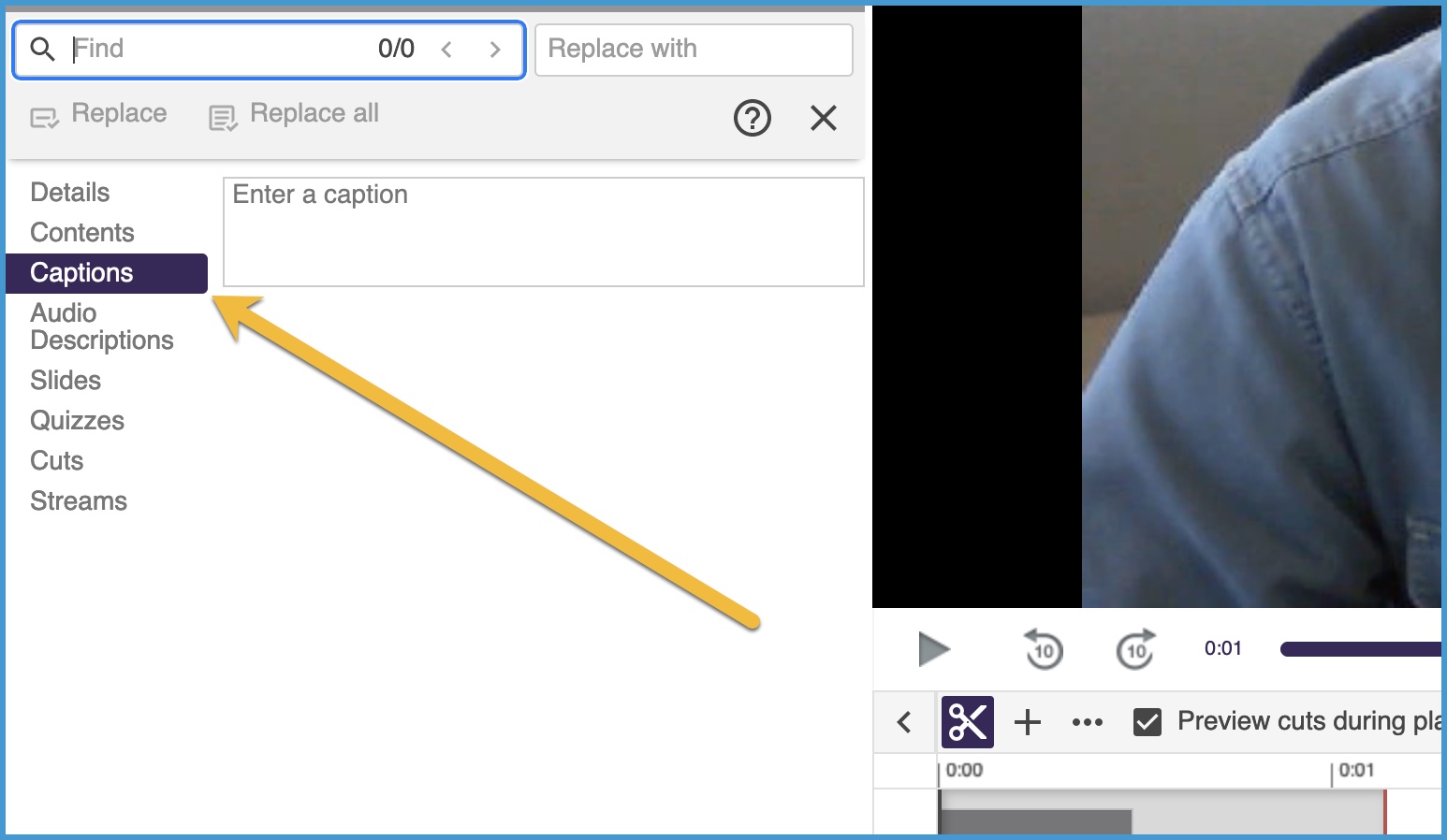 Arrow pointing to Captions button in Panopto video editor