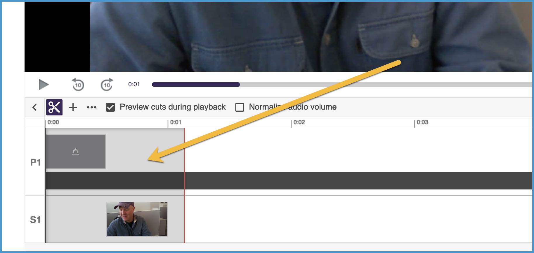 Arrow pointing to gray area of a video timeline in Panopto editor