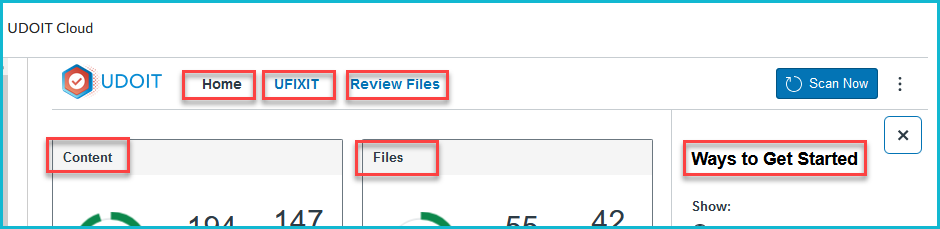 An image of the top buttons on the UDOIT interface: Home, UFIXIT, and Review Files.