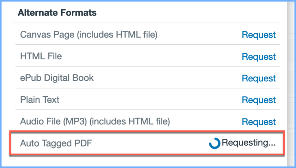 UDOIT application showing alternate formats screen 