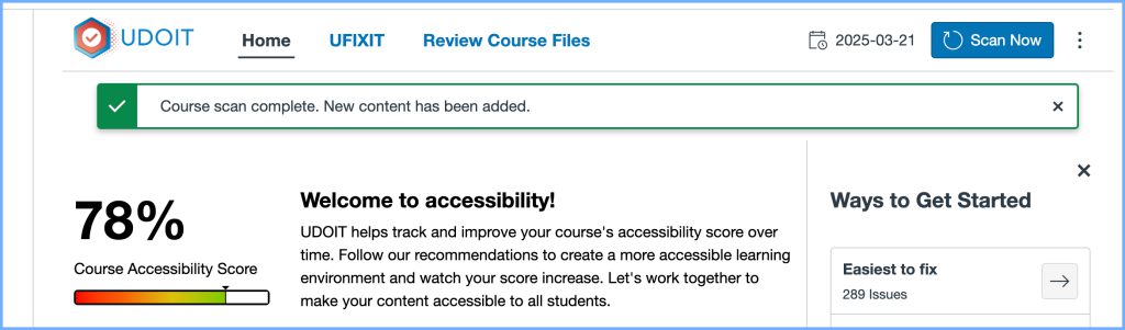 Front page of the UDOIT accessibility checker in Canvas.