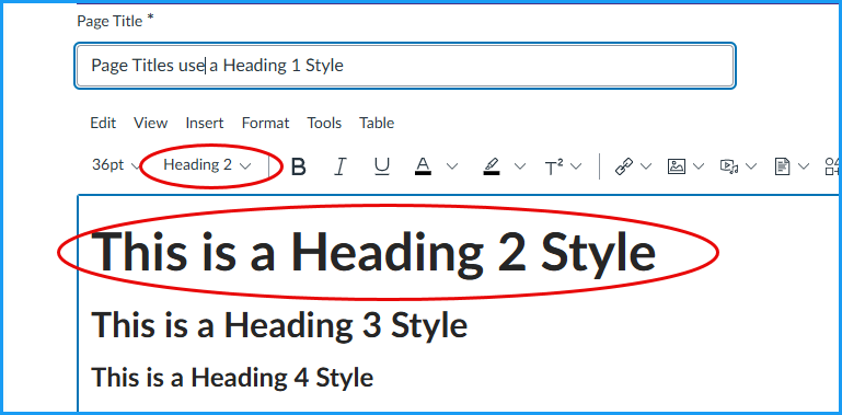 Canvas page showing different Heading tag styles used to create accessible page structure.  